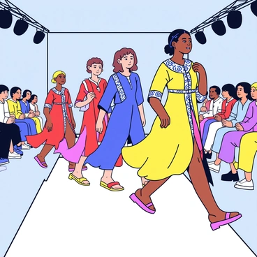 Models walking down a fashion runway, each wearing vibrant kaftans in bold colors such as red, blue, and yellow. The kaftans have intricate patterns and flowing designs that sway with each step. Bright lights illuminate the runway, creating a dynamic atmosphere. The audience can be seen in the background, intently watching the show.