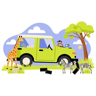 A green safari jeep is parked in a grassy clearing, with a vibrant blue sky in the background. Various wildlife surrounds the jeep, including a tall giraffe with brown spots reaching for leaves on a nearby tree, a group of zebras with black and white stripes grazing peacefully, and a playful monkey swinging from a branch. Scattered throughout the scene are film rolls, some partially unrolled, blending with the natural elements, creating a whimsical contrast. The jeep has an open top, and the interior is filled with binoculars and a map.