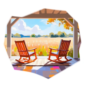A cozy ranch porch featuring two wooden rocking chairs positioned side by side, inviting relaxation. The porch is adorned with a rustic railing and a woven rug underneath the chairs. In the background, expansive fields stretch out, with tall grasses swaying gently in the breeze. A clear blue sky overhead is dotted with a few fluffy white clouds, while distant trees line the horizon, completing the peaceful rural scene.