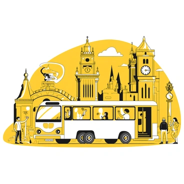 A white bus is parked on a cobblestone street, surrounded by historic buildings with intricate architecture. The bus has large windows, and passengers can be seen inside, taking pictures and looking out. In the background, there are various historical landmarks such as a clock tower with a large clock face, a stone bridge, and a statue in a square. Tourists are walking nearby, some carrying cameras and maps, while others are stopping to admire the landmarks. The sky is clear, and the scene conveys a sense of exploration and adventure.