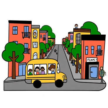 A small yellow school bus driving cautiously along narrow streets in an inner-city neighborhood. The bus has large windows and a friendly appearance, with children visible inside, smiling and looking out. Surrounding the bus are colorful brick buildings with fire escapes and small storefronts. There are trees lining the streets providing patches of greenery. A few pedestrians are walking on the sidewalks, and a bicycle is parked nearby. The scene captures a bustling urban atmosphere with vehicles parked along the road.