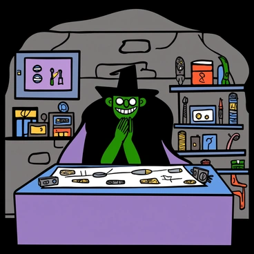 A dastardly cartoon villain with green skin and a crooked grin is standing at a large table covered with various gadgets and blueprints. He is wearing a dark purple cape and a black hat with a wide brim. The underground lair is dimly lit, with glowing screens displaying schematics on the walls. In the background, there are shelves filled with bizarre devices and tools, creating a chaotic atmosphere. The villain is rubbing his hands together with an expression of mischief, preparing to execute his elaborate scheme.