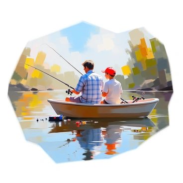 A father and son are sitting together on a small wooden boat, fishing in a lake surrounded by tall green trees and a clear blue sky. The father has dark hair and is wearing a plaid shirt, while the son has short blond hair and is wearing a bright red cap. They both hold fishing rods and are focused on the water. The calm surface of the lake reflects the trees and sky, creating a peaceful atmosphere. Nearby, there is a small tackle box resting on the boat's edge and a few fishing lures scattered around.
