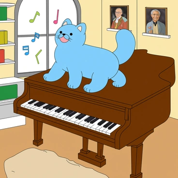 A fluffy blue cat with big, round eyes and a playful expression is walking across the black and white keys of a grand piano. The cat's fluffy tail is held high, and its paws gently press down on the keys, creating a whimsical scene. The grand piano has a polished wooden finish, reflecting light from a nearby window. In the background, colorful musical notes are illustrated floating in the air, and a cozy music room setting features shelves filled with music books and a soft rug underneath the piano. The walls are adorned with framed pictures of famous musicians, adding to the lively atmosphere.