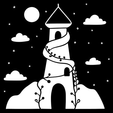 A tall, spiraled tower with stone walls and a pointed roof stands against a night sky filled with stars. A glowing full moon casts light over the tower, highlighting the ivy that wraps around it. Silhouetted in one of the tower's windows is a long braid cascading down the side, blending with the shadows of the night. Surrounding the tower are clouds gently drifting in the sky, creating a whimsical atmosphere.