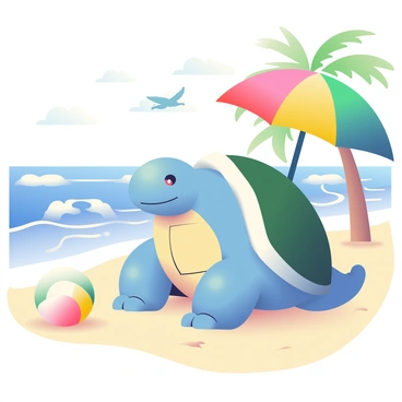 A large Blastoise is lounging on a sandy beach, partially shaded by a colorful beach umbrella. The Pokémon has a relaxed posture, with its arms resting on its shell. The sun is shining brightly, casting warm light on its blue skin. Nearby, the ocean is visible with gentle waves crashing on the shore, creating white foam. In the background, a few palm trees can be seen swaying slightly in the breeze, and a beach ball is lying on the sand next to Blastoise. Seagulls are flying overhead, adding to the scene's coastal atmosphere.