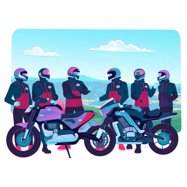 A group of BMW motorcycle enthusiasts is gathered at a scenic overlook. The scene features six riders, each wearing distinct motorcycle gear, including leather jackets and helmets. Their BMW motorcycles are parked nearby, showcasing various models with shiny chrome and sleek designs. The riders are engaged in animated conversation, with smiles and gestures indicating camaraderie. In the background, a panoramic view of rolling hills and a clear blue sky enhances the atmosphere, while a few clouds drift lazily across the horizon. The sun casts warm light over the scene, highlighting the details of the motorcycles and the riders' gear.