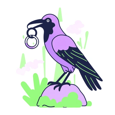 A raven is standing on a moss-covered stone. The raven is holding a shiny ring in its beak, reflecting light. The stone is surrounded by patches of lush green moss, adding texture to the scene. In the background, there are blurred hints of trees and foliage, emphasizing the natural setting. The raven's feathers are glossy, showcasing a mix of green and purple highlights.
