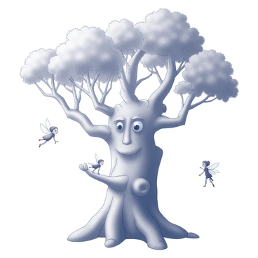 An ancient tree with a thick, gnarled trunk and deep-set grooves forms a wise and expressive face on its bark. Its branches stretch outward, adorned with lush leaves, creating a canopy above. Small, curious fairies with delicate wings hover around the tree, their expressions filled with wonder and intrigue. One fairy is perched on a low branch, intently observing the tree's face, while others dart playfully in the air. The scene conveys a sense of magic and connection between the tree and the fairies, highlighting the interactive moment shared between them.