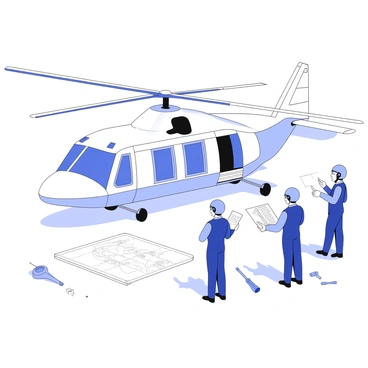 A crew is gathered in front of an NH90 helicopter for a briefing. The helicopter is parked on a tarmac, showing its distinctive twin-rotor design and large glass cockpit. The crew members, wearing flight suits and helmets, are engaged in discussion, holding various documents and maps. One crew member points at a diagram spread out on the ground, while others listen attentively. The background features an open area with some equipment and tools scattered around, indicating preparations for the mission.