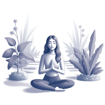 A woman sitting cross-legged in a meditative yoga pose. She has long flowing hair and a serene expression. The background features a tranquil garden with various plants and flowers. The garden includes a stone path leading to her, framed by lush greenery. There are large leaves casting gentle shadows around her, enhancing the sense of calm in the scene. The atmosphere is peaceful and inviting, emphasizing the woman's focus and inner peace.
