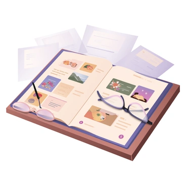 A digital flat illustration featuring an open catalog on a wooden table. The catalog has multiple pages displaying various colorful illustrations, each with distinct themes like nature, food, and travel. Each illustration has a small price tag in the corner, clearly marked with a dollar sign. There are usage options listed below each illustration, indicating how they can be utilized, such as "digital download" or "print option." The background includes a soft, blurred image of an office environment to provide context. A pair of reading glasses rests on the table next to the catalog.