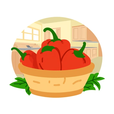 A woven basket filled with bright red hot peppers sits prominently in the foreground. The peppers are glossy and vibrant, showcasing their smooth skin. The basket has a natural, earthy texture with a slightly curved shape. Behind the basket, there is a rustic kitchen setting featuring wooden cabinets and a farmhouse-style table. Soft, warm light filters through a nearby window, casting gentle shadows and highlighting the peppers' vivid color. There are a few herbs, such as basil and oregano, placed around the basket, adding a touch of green to the composition.