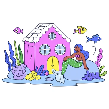 A cozy underwater cottage made of coral and seashells, with windows shaped like bubbles. A mermaid with long flowing hair is lounging on a large rock beside the cottage. She has a shimmering green tail that sparkles in the light. Surrounding her are various sea plants, including tall kelp and colorful anemones swaying gently in the water. Brightly colored fish swim nearby, adding life to the scene.