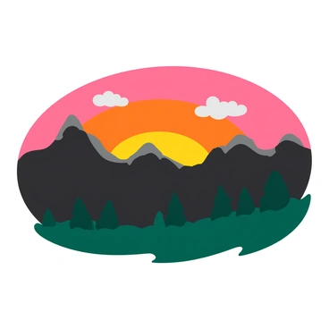 A vibrant sunrise with hues of orange, pink, and yellow illuminating the sky. The sun is just peeking over a range of tall mountains, casting long shadows on their rugged surfaces. The mountains are covered in dark green trees and rocky outcrops, contrasting with the bright colors of the sky. There are a few fluffy clouds scattered across, reflecting the warm colors of the sunrise. The scene conveys a feeling of early morning tranquility.