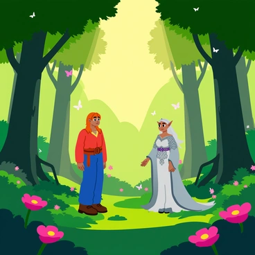A young human named "Eragon" stands at the center of a lush, enchanted forest clearing. Surrounding him are towering trees with vibrant green leaves and luminescent flowers that emit a soft glow. In front of him, a mysterious elf with long, flowing silver hair and intricate, shimmering attire is poised gracefully. The elf has pointed ears and bright, captivating eyes that seem to reflect the magic of the forest. Golden rays of sunlight filter through the tree canopy, creating a magical atmosphere around their encounter. Delicate butterflies flutter around them, adding to the enchanting scene.