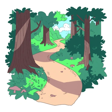 A winding forest path partially hidden by the shadows of tall trees