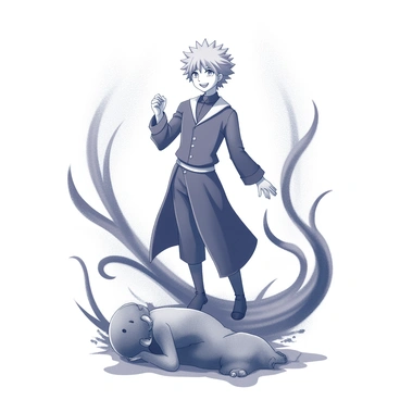 A figure of Sukuna stands in a triumphant pose, his body slightly turned to the side, demonstrating confidence. His facial expression is one of satisfaction, with a slight smirk visible. Below him lies a defeated curse, its form distorted and sprawled out on the ground. Surrounding Sukuna is a dark aura, which appears as swirling tendrils of shadow that radiate outward, amplifying his imposing presence. The background features an indistinct, chaotic environment, enhancing the intensity of the scene.