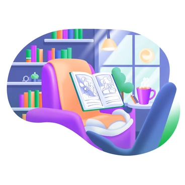An illustrator is seated in a cozy reading nook in Sheffield, surrounded by shelves filled with books and art supplies. They are flipping through their graphic novel sketches, which are displayed in a sketchbook open on their lap. The nook features a comfortable armchair with a soft throw blanket draped over it. A warm light source illuminates the space, casting a gentle glow on the pages. A small side table holds a steaming mug of tea and a few colored pencils scattered around. Outside the window, a glimpse of a tree can be seen, adding to the inviting atmosphere.