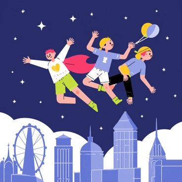 A group of three children is soaring above the iconic London skyline. One child, wearing a red cape, is leading the way with arms outstretched. The second child, in a blue t-shirt, is giggling while holding onto a colorful balloon. The third child, wearing a yellow hat, is looking back at the city with wide eyes. The skyline features recognizable landmarks such as the Tower Bridge and the London Eye. Above them, stars are twinkling in a deep indigo sky, creating a whimsical atmosphere.