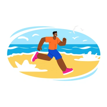A runner with a determined expression is sprinting across a sandy beach. The runner wears bright athletic gear, including a pair of vibrant running shoes. The ocean waves crash nearby, sending white foam splashing onto the shore. Seagulls fly overhead, and the sun casts a warm glow on the scene, highlighting the glistening sand and the blue of the ocean. In the background, rolling waves create a rhythmic pattern against the coastline.