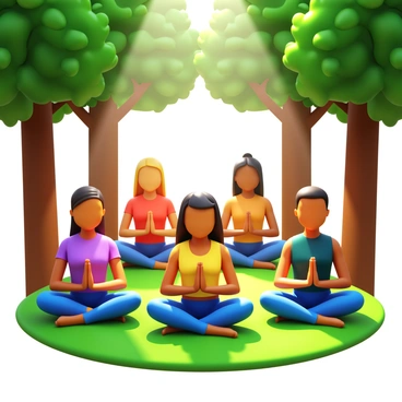 A group of five people sitting in various meditation poses on a green grassy clearing. The individuals are of diverse ethnicities, contributing to a harmonious scene. Surrounding them are tall trees with lush green leaves, filtering sunlight that creates dappled patterns on the ground. Soft rays of sunlight illuminate their faces, highlighting their peaceful expressions. In the background, the trunks of the trees rise majestically, enhancing the serene atmosphere of the forest clearing.