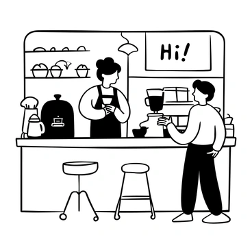 A barista standing behind a counter with a coffee machine, holding a steaming cup of coffee. The barista is wearing an apron, and there are various coffee supplies and pastries displayed on the counter. The words "Hi!" are written in a friendly manner on a chalkboard behind the barista. The cozy coffee shop has wooden furniture and soft lighting, creating a warm atmosphere. A customer is standing at the counter, looking toward the barista.