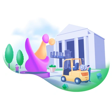 A modern pastel illustration of a large art sculpture being installed in a museum courtyard. A yellow forklift is positioned next to the sculpture, lifting it into place. The sculpture is abstract in shape, with curved edges and vibrant colors that stand out against the neutral tones of the museum building. Surrounding the courtyard, there are trees and small shrubs, along with a few curious onlookers watching the installation process. The sky above is a soft blue, adding to the overall ambiance of the scene.