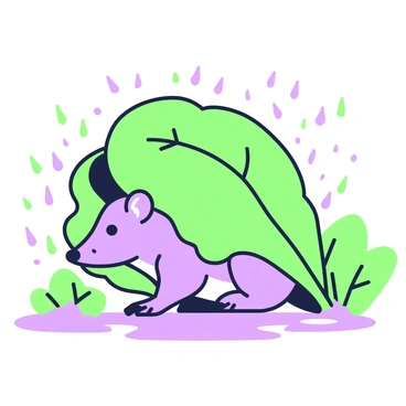 A shrew is nestled under a large leaf, seeking shelter from a rainstorm. The shrew has small, rounded ears and a pointed snout, with its body curled tightly against the stem of the leaf. Raindrops fall around it, creating small splashes on the ground. The large leaf arches overhead, providing a canopy, with the edges slightly curling downwards. Surrounding the leaf and the shrew are blurred outlines of other plants and foliage, indicating a lush environment. The ground is damp, with puddles forming nearby, capturing the intensity of the storm.