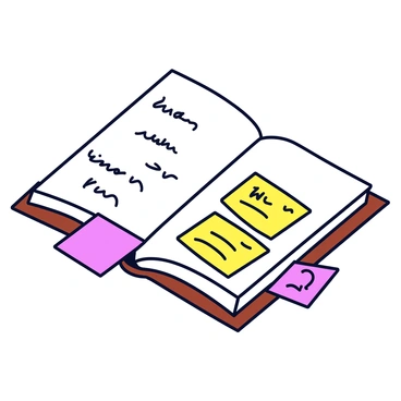 A book filled with sticky notes and annotations peeking out from the pages