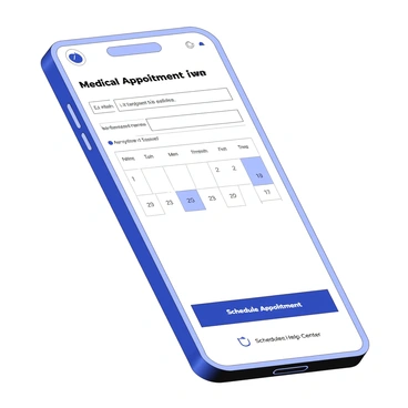 A smartphone displays a medical appointment scheduling app on its screen. The app's interface shows a calendar view with selectable dates, indicating available time slots. There are input fields for entering personal information, such as name, contact number, and symptoms. A button labeled "Schedule Appointment" is prominently featured at the bottom. On one side of the screen, there are icons for notifications and a help center. A progress indicator shows the steps completed and the current step in the scheduling process.