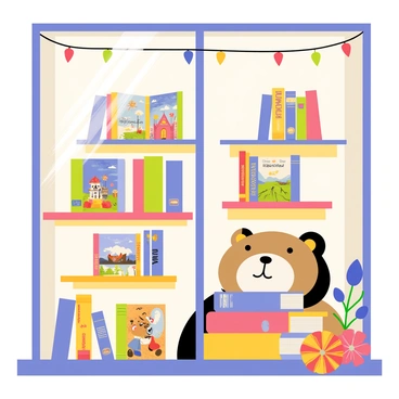 A window display featuring a collection of illustrated children's books arranged creatively on shelves. The books have colorful covers depicting various whimsical characters and enchanting landscapes. Soft, warm lighting illuminates the display, casting gentle shadows. A plush teddy bear sits next to a stack of books, inviting young readers to explore. Decorative elements like fairy lights and vibrant paper flowers add a joyful touch to the cozy atmosphere of the bookstore.