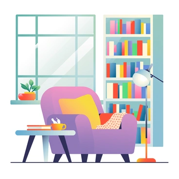 A cozy reading nook features a large, comfortable armchair upholstered in soft, plush fabric. The chair is positioned next to a floor-to-ceiling bookshelf, which is filled with colorful books of various sizes, creating a vibrant display. A small wooden side table rests beside the chair, holding a steaming cup of tea and a pair of reading glasses. A warm, knitted throw blanket is draped over one arm of the chair. Soft, ambient lighting from a nearby floor lamp casts a gentle glow over the nook, enhancing the inviting atmosphere. A small, potted plant sits on the windowsill, adding a touch of greenery to the space.