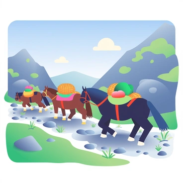 A line of packhorses is traversing a rugged mountain trail. Each packhorse is adorned with various supplies, including brightly colored blankets and woven baskets. The horses, varying in shades of brown and black, are moving steadily along the rocky path. Surrounding them are steep, craggy mountains with patches of green grass and tufts of wildflowers. A clear blue sky stretches overhead, with a few fluffy white clouds drifting by. The sunlight casts shadows over the terrain, highlighting the texture of the rocks and the horses' coats.