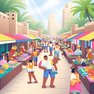 An ancient civilization's bustling marketplace is alive with activity. Various merchants are setting up their colorful stalls, displaying vibrant textiles and handcrafted pottery. Traders are engaged in animated discussions, showcasing their goods which include fresh fruits, spices, and intricate jewelry. The pathways are filled with people of different ages, some bargaining for the best prices while others sample food from street vendors. In the background, tall stone structures indicate the architectural style of the civilization. Lush greenery peeks through, adding to the lively atmosphere. Sunlight streams down, illuminating the scene with warmth.