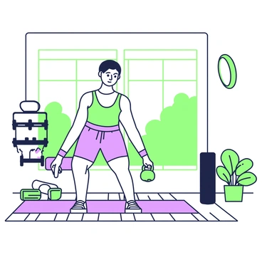 A cozy home gym is situated in a sunlit room with large windows allowing natural light to flood in. On the wooden floor, a person is performing a kettlebell deadlift, focusing intently on their technique. The person is wearing a fitted tank top and athletic shorts, with sweat glistening on their forehead. Next to the window, there are potted plants adding a touch of greenery. In the background, a set of dumbbells is neatly arranged on a rack, and a yoga mat is rolled up in the corner. A wall-mounted mirror reflects the scene, contributing to the overall atmosphere.