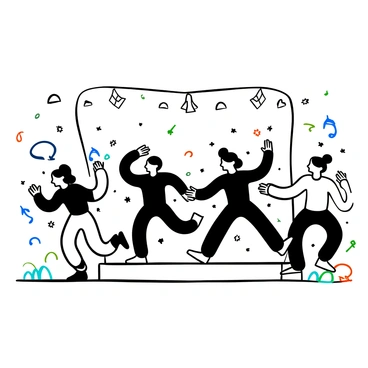 A group of paper clips arranged in various dynamic poses, as if they are dancing together on a small stage. Some paper clips are intertwined, creating a sense of movement and excitement. The stage is set with a backdrop featuring musical notes and stars. There are small spotlights shining down on the paper clips, enhancing the festive atmosphere. Scattered around the stage are a few colorful streamers adding to the celebratory feel.