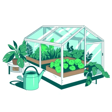 A white greenhouse is filled with various green plants including ferns, succulents, and flowering species. Sunlight streams through the transparent roof, casting shadows on the vibrant foliage. The plants are arranged in neat rows on wooden shelves, showcasing an array of leaf shapes and sizes. A teal watering can sits on a nearby table, ready for tending to the greenery. In the background, a small fan circulates air to maintain the controlled environment.