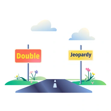 A crossroads is depicted with two warning signs placed prominently at the intersections. The first sign, on the left, displays the word "Double" in bold, yellow letters, while the second sign, on the right, shows the word "Jeopardy" in a similar style. The road is paved with dark asphalt, and both signs are supported by sturdy metal posts. Surrounding the crossroads are grassy areas with scattered wildflowers in vibrant colors. The sky above is a soft blue with a few fluffy white clouds drifting by.