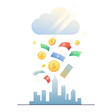 A collection of digital coins and colorful banknotes is floating upwards towards a fluffy white cloud. The coins are various shades of gold and silver, each displaying unique designs. The banknotes, in shades of green, blue, and red, flutter gracefully as they ascend. The cloud appears soft and billowy, with sunlight filtering through its edges, creating a gentle glow. Below the cloud, the ground is depicted with hints of a city skyline, representing a modern financial environment.