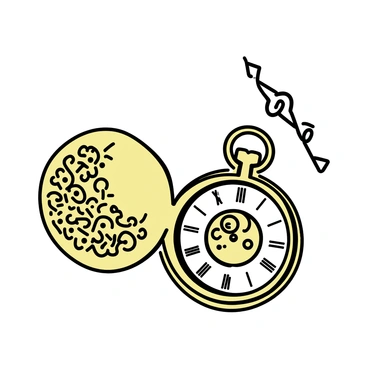 A vintage pocket watch, featuring ornate engravings on its exterior, displaying intricate floral and geometric patterns. The watch is open, revealing its detailed mechanism, with polished gears and delicate springs visible inside. The watch has a classic gold finish, and its glass face shows Roman numerals around the edge. A small chain is attached to the top, hanging gracefully to the side.