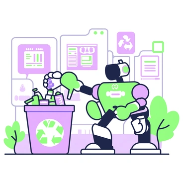 A friendly robot stands in a futuristic facility, sorting trash into recycling categories. The robot has a sleek design with rounded edges and a friendly facial interface that displays a smile. It has articulated arms extending towards a colorful array of waste items. To its left, there is a clear bin labeled "plastic" filled with bottles and containers, while to the robot's right, another bin marked "metal" holds cans and other metallic objects. The background features advanced technology, with screens displaying informative data and green plants positioned in the corners, contributing to the modern ambiance of the facility.