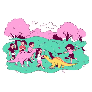 A pink park filled with lush green grass is bustling with children playing and exploring. Several kids, dressed in colorful clothing, are laughing and running around. Among them, a friendly teal dinosaur is gently interacting with a group of children, who are reaching out to touch its smooth, scaly skin. Nearby, another dinosaur, this one a bright yellow, is playfully bending down to sniff a flower held by a little girl. The sun is shining brightly, casting soft shadows as the kids enjoy their adventure in the vibrant park.