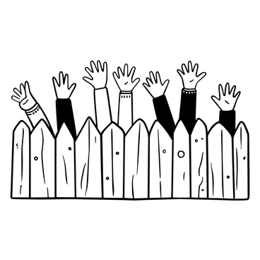 Multiple hands of various ages and ethnicities reaching through a wooden fence. The hands are placed at different heights, symbolizing a range of ages. Each hand is distinct in its characteristics, showcasing different skin tones and textures. The fence is weathered with visible wood grain and knots, enhancing the sense of connection. The fingers are outstretched, as if inviting a gesture of friendship. The background is minimal, focusing on the hands and the fence.