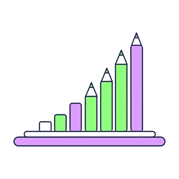 A blank sheet of paper is laid flat on a table. On this sheet, several green and purple pencils are arranged in a straight line, forming an upward rising graph. The pencils are positioned end to end, creating a clear visual representation of a line graph. Each pencil is distinct, showcasing a variety of lengths that contribute to the rising slope of the graph. The background remains empty, emphasizing the graph made entirely of the pencils. The overall composition captures a sense of growth and progress through the ascending alignment.