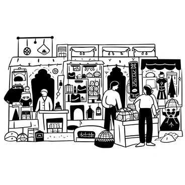 A busy Kashmiri market scene with numerous stalls showcasing an array of spices, textiles, and handicrafts. The stalls are covered with vibrant fabrics, intricately woven patterns visible. Jars filled with colorful spices are neatly arranged, while handmade wooden crafts and traditional garments are displayed prominently. Shoppers are browsing and inspecting the various items, creating a lively atmosphere with their movement. The ground is cobblestone, and there are hanging decorations adding to the market's charm.