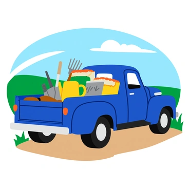 A vintage blue farm truck parked on a dirt road. The truck's bed is filled with assorted farming tools, including a shiny silver shovel, a wooden rake, and a bright yellow watering can. Various bags of seeds are neatly stacked in the back, each labeled with colorful tags. The truck has a slightly rusted exterior, giving it a rustic look, and there is a green field with tall grass and a clear blue sky in the background.