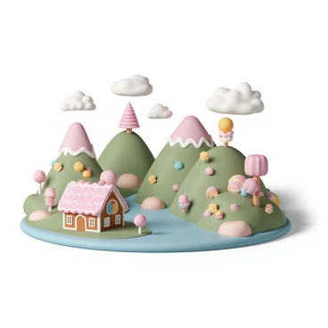 A whimsical landscape filled with vibrant candies and sweets. Rolling hills made of gummy bears and licorice twist trees tower in the background. A chocolate river flows through the scene, surrounded by marshmallow boulders. Brightly colored lollipop flowers sprout from the ground, swaying gently in a candy-scented breeze. The sky is dotted with fluffy cotton candy clouds, casting a soft pastel glow over the entire landscape. In the foreground, a gingerbread house with icing decorations stands proudly, inviting visitors to explore this delightful world.