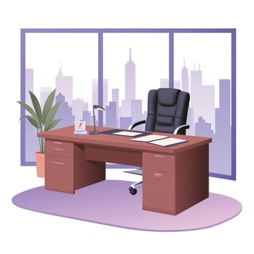 A luxurious executive office chair made of black leather with chrome accents is positioned behind a large mahogany desk. The desk has a polished surface reflecting soft light and is adorned with a few neatly arranged office supplies, including a sleek pen holder and a closed planner. Tall windows in the background showcase a stunning view of a city skyline, with skyscrapers gleaming under the sunlight. The office is decorated with a tasteful indoor plant in the corner, and a plush carpet covers the floor, enhancing the elegant atmosphere of the space.