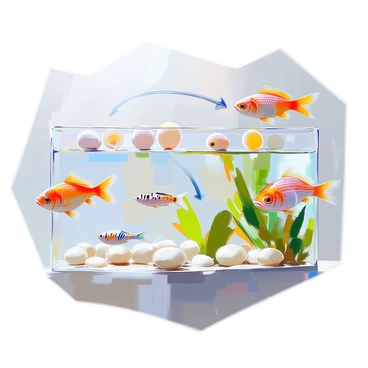 A visual representation showcasing the stages of a zebrafish life cycle. The image begins with translucent eggs scattered in water, featuring small embryos developing inside. Next, small larvae with tiny eyes and developing fins are depicted, swimming in the water. The following stage displays juvenile zebrafish, exhibiting distinct stripes and larger bodies as they navigate through aquatic plants. Finally, the image culminates with adult zebrafish, characterized by their vibrant stripes and smooth, flowing fins, swimming gracefully in the water. Each stage is connected by arrows, indicating the progression from egg to adult.